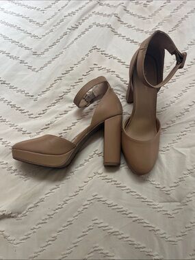 Ankle-Strap Block Heel Pumps in Taupe